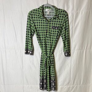 Donna Morgan Green Geometric Shirt Dress | Size 10 | Belted